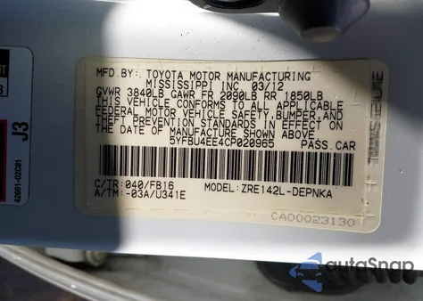 2012 Toyota Corolla Le from USA, damaged, VIN 5YFBU4EE4CPO20965